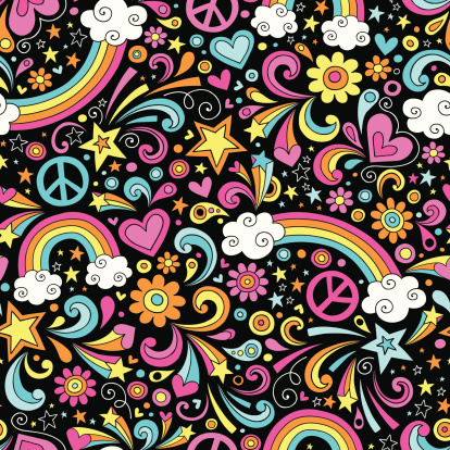 Hand Drawn Psychedelic Rainbows Seamless Repeat Pattern Groovy Peace Notebook Doodles Vector Illustration Background. Illustrator AI file also included. I ♥ Doodles!