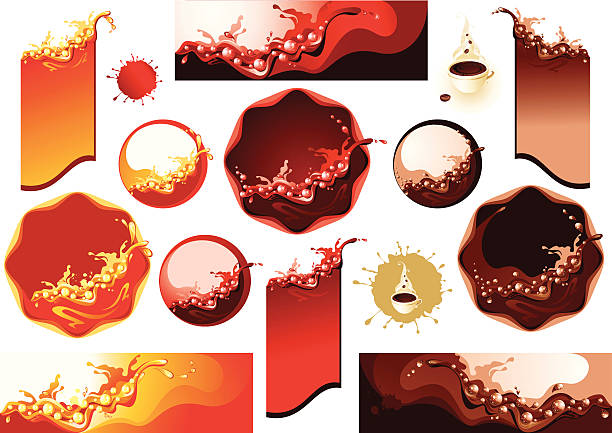 kolekcja etykiet. rozpryski soku i kawy, wina - splashing juice liquid red stock illustrations