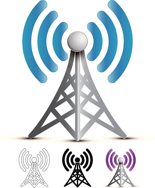 Wireless Broadcast "Vector Illustration of a communication/wireless signal tower. Includes silhouette, lineart, and alternative color versions. Contains transparencies and is saved as EPS10 Format." cell tower stock illustrations