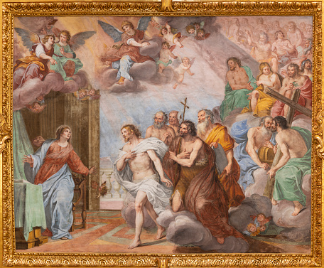 Genova - The fresco Jesus appeared to the Mary after the Resurrection in the church Basilica della Santissima Annunziata del Vastato by Giovanni Battista Carlone (1603 – 1684).