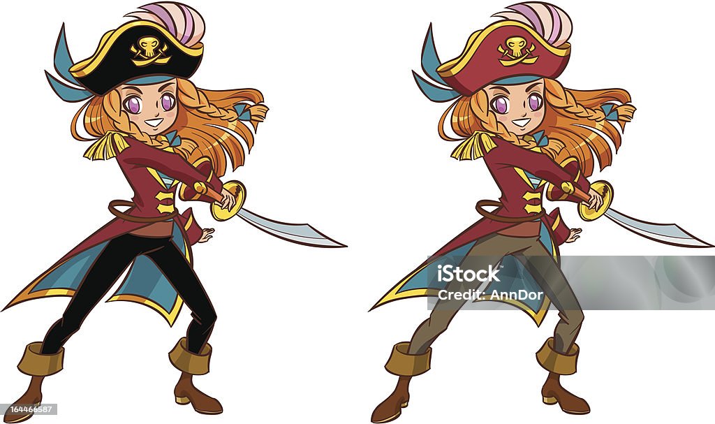 Pirata de historieta Chica ondulantes la espada - arte vectorial de Mujeres libre de derechos