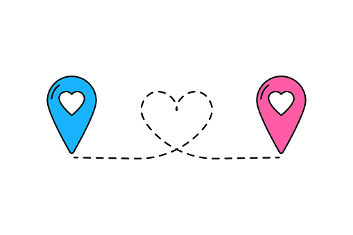 Pin map line in heart shape. Navigation pointers. Vector illustration. EPS 10. Stock image.