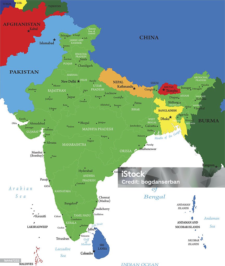 Mappa politica dell'India - arte vettoriale royalty-free di Arte