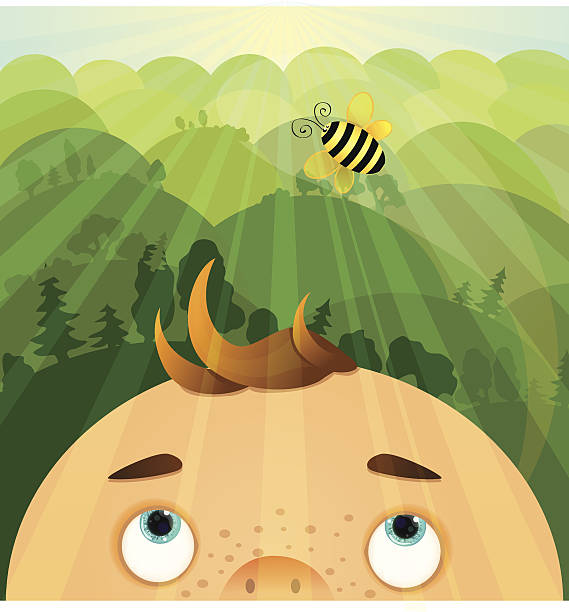 Funny scene - child and bee vector art illustration