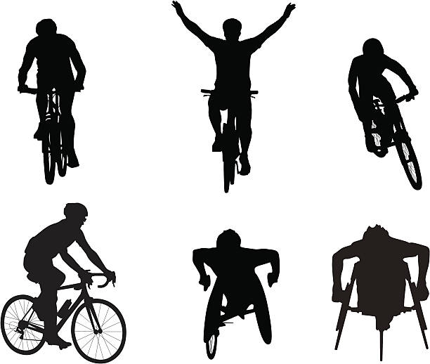 Cyclists and wheelchair racers Silhouettes of various cyclists and wheelchair racers black and white sports silhouette stock illustrations