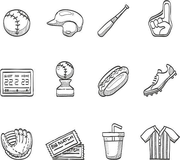 skizze icons-baseball-spieler - baseball player baseball outfield stadium stock-grafiken, -clipart, -cartoons und -symbole