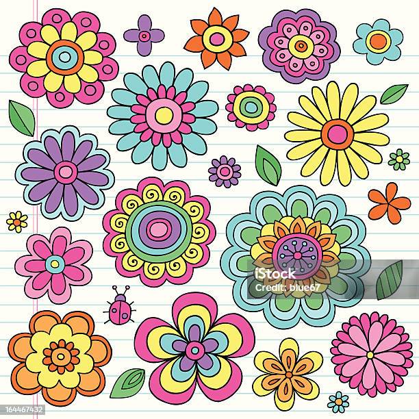 Flower Power Psychedelic Notebook Doodles Set Stock Illustration - Download Image Now - Hippie, Flower, 1970-1979