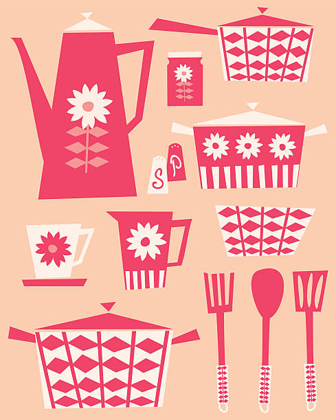 복고풍 주방의 설정 - tea cup coffee cup teapot domestic kitchen stock illustrations