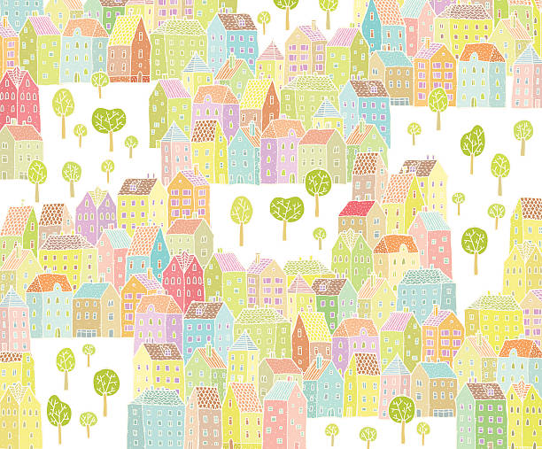 Illustration of Old Town with Vibrant Houses vector art illustration