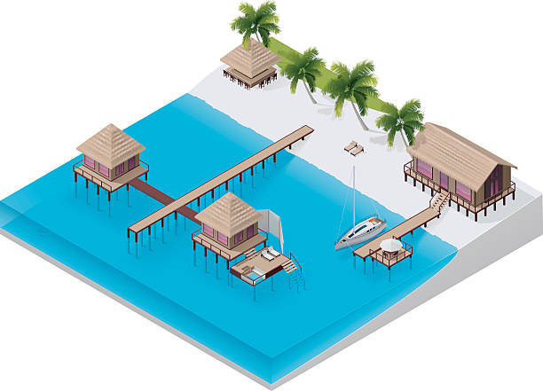 ilustraciones, imágenes clip art, dibujos animados e iconos de stock de isométricos de complejo turístico tropical - isometric sea coastline beach