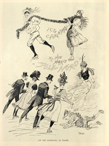 Vintage illustration Sketches from a Ice carnival in Paris France, Peope ice skating on the Seine, Victorian 1890s