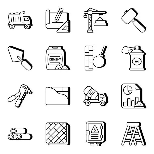 Vector illustration of Pack of Construction Instrument Linear Icons