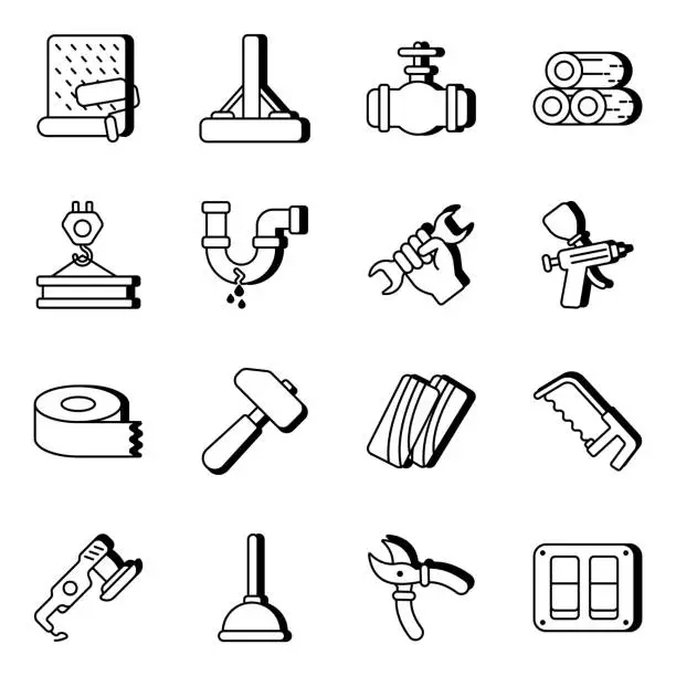 Vector illustration of Pack of Repair Equipment Linear Icons