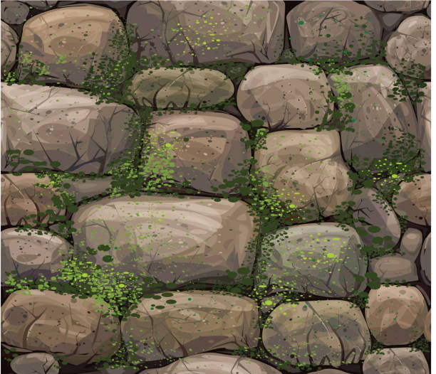 Vector seamless texture of stones covered moss. "Background is my creative handdrawing and you can use it for your design, moss is in separeted level, made in vector, Adobe Illustrator 8 EPS file." stone wall stock illustrations