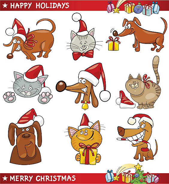 illustrazioni stock, clip art, cartoni animati e icone di tendenza di fumetto natale set di cani e gatti - pointer stick illustrations