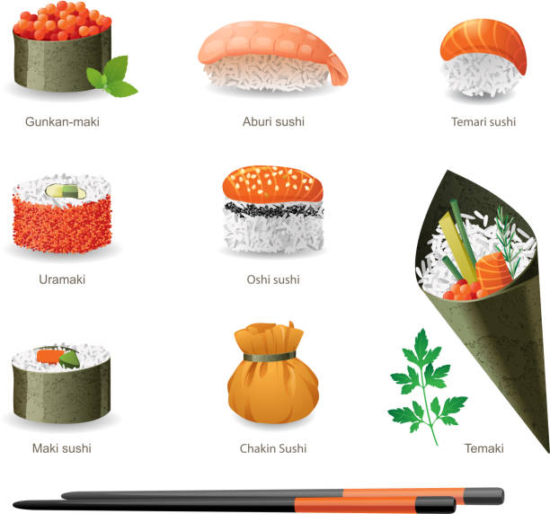 ilustrações de stock, clip art, desenhos animados e ícones de sushi - japanese cuisine temaki sashimi sushi