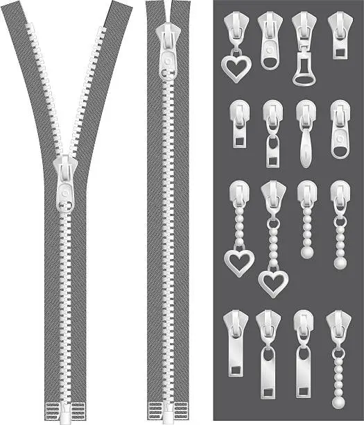 Vector illustration of Open, closed zippers with sliders set