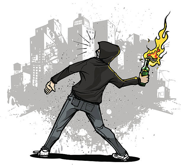 ilustraciones, imágenes clip art, dibujos animados e iconos de stock de urban juventud lanzar un cóctel molotov - riot