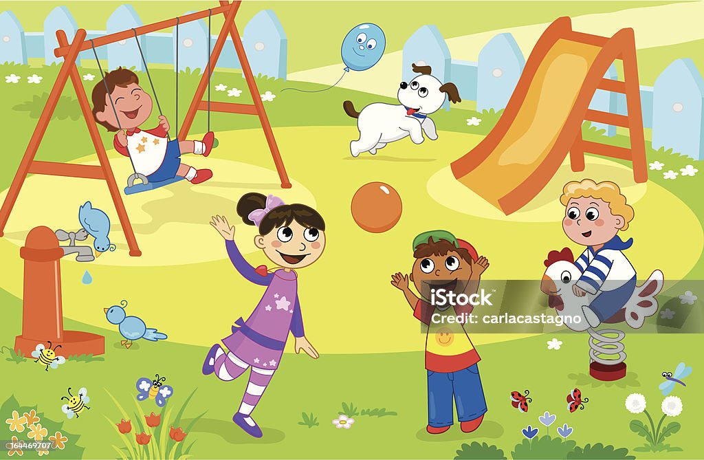 Smiling kids playing at the playground "Playground with slide, swing and see-saw. Four happy children playing together." Activity stock vector