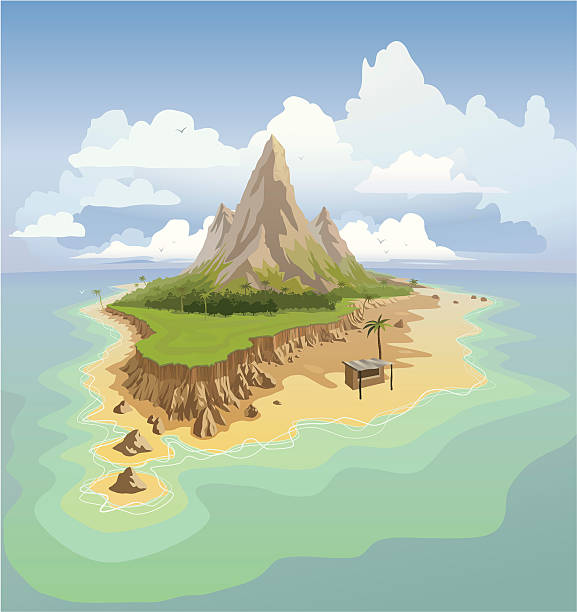 Exotic island "Vector illustration of an exotic tropical island with palm trees, sandy beaches and mountains." desert island stock illustrations