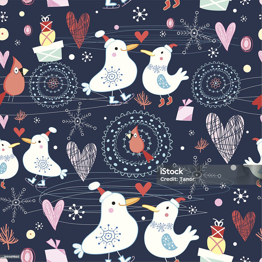 winter texture with birds Seamless winter pattern with birds and snowflakes on a dark blue background Animal stock vector