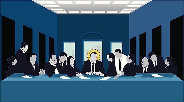 business last supper "Illustration inspired by Leonardo Da vincis Last supper painting, here resembles a group of businessmen and businesswomen at a table.  The CEO has a sainthood halo representing time." last supper stock illustrations