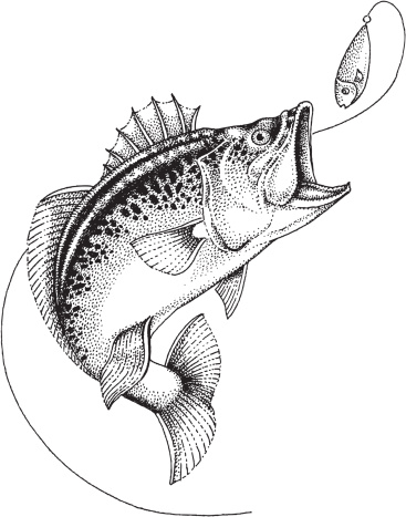 Beautiful hand drawn black and white illustration of fish catching bait.