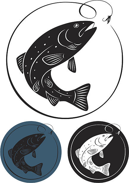 three trout fish icons in different colors - pembe somon stock illustrations