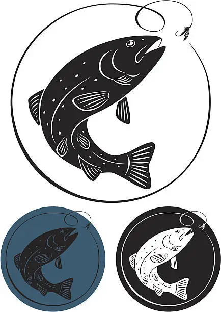 Vector illustration of Three trout fish icons in different colors