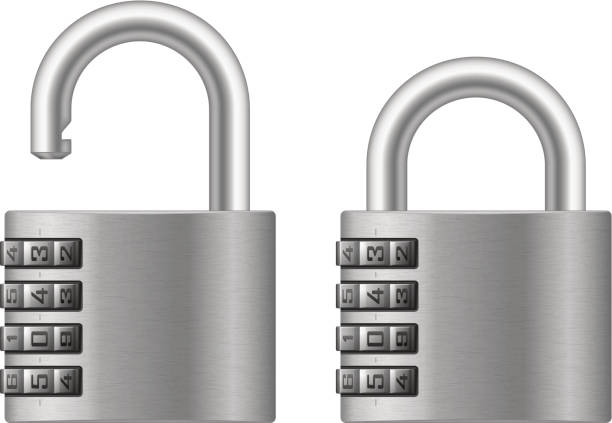 ilustrações, clipart, desenhos animados e ícones de numeral cadeado com tranca de roda - combination lock variation lock safe