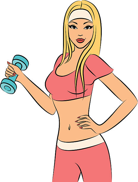 Vector beautiful fitness woman with free weights in gym vector art illustration