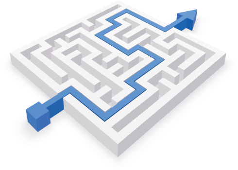 Maze puzzle wise and easy strategy - business concept. Puzzle solved by blue arrow. Vector Illustration.