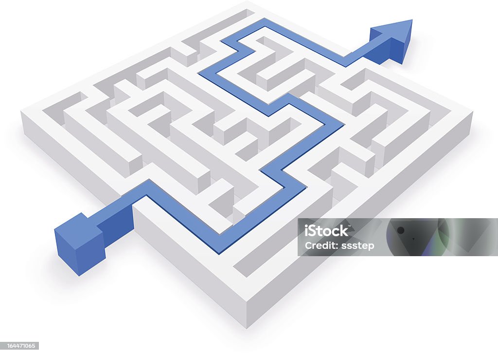 Maze Solution Simple Strategy Maze puzzle wise and easy strategy - business concept. Puzzle solved by blue arrow. Vector Illustration. Maze stock vector