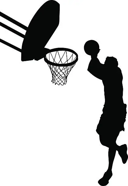 Vector illustration of A shadowy basketball player shooting the ball into the net