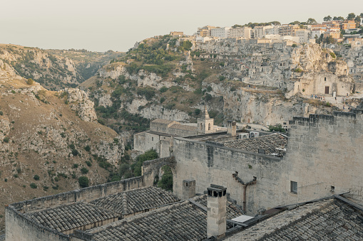 Matera, Basilicata (Italy). 19 July 2023. Overview of the Sassi of Matera at sunset, a UNESCO World Heritage Site