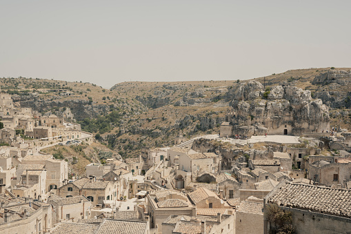 Matera, Basilicata (Italy). 19 July 2023. Overview of the Sassi of Matera at sunset, a UNESCO World Heritage Site