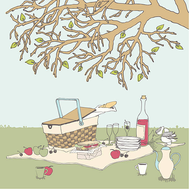 나무 아래에서 피크닉을 - flower cherry cup tea stock illustrations