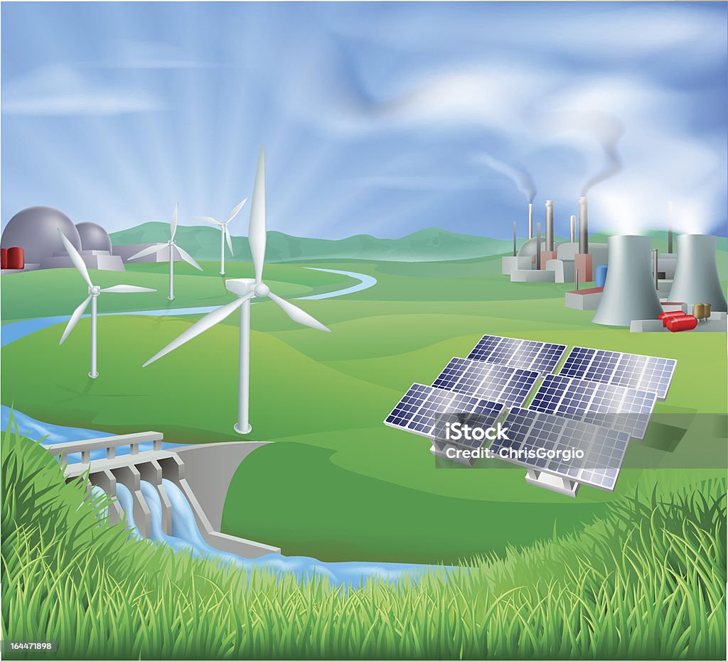 Electricity or power generation methods "Illustration of many different types of power generation, including nuclear, fossil fuel or coal, and renewable energy or sustainable energy sources such as wind power or wind turbines, photovoltaic cells or solar panels, and hydro electric or water power. Vector file is eps 10 and uses transparency blends and gradient mesh" Landscape - Scenery stock vector