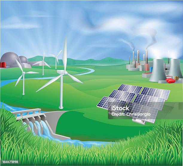 Electricity Or Power Generation Methods Stock Illustration - Download Image Now - Landscape - Scenery, Nuclear Energy, Nuclear Power Station