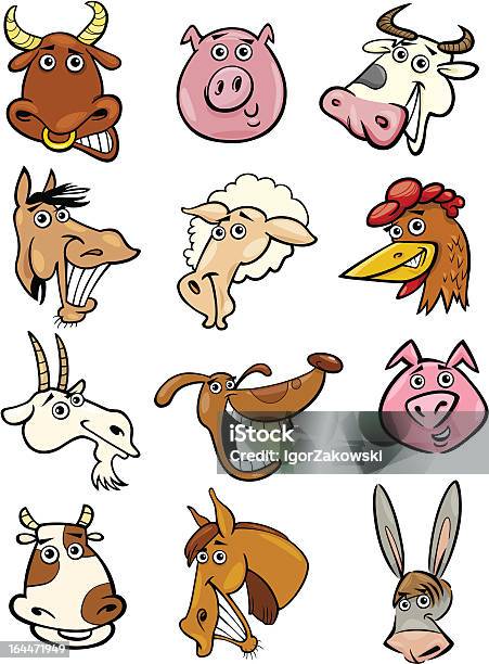 Cartoon Farm Animals Heads Set Stock Illustration - Download Image Now - Livestock, Agriculture, Animal