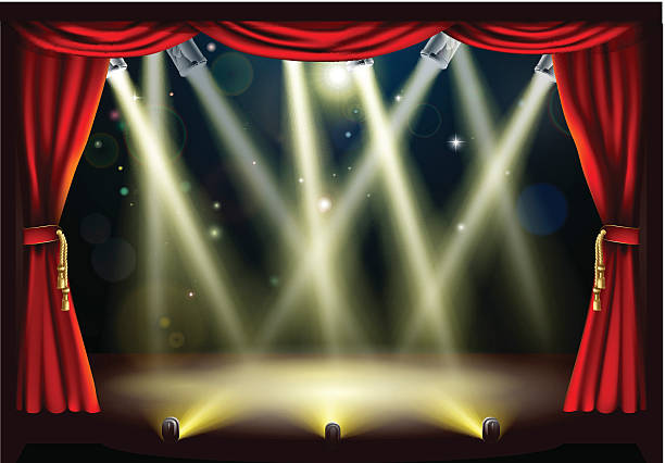 Theater stage lights Illustration of a theater stage with lots of stage lights or spotlights with footlights. Vector file is eps 10 and uses transparency blends and gradient mesh stage curtain stock illustrations