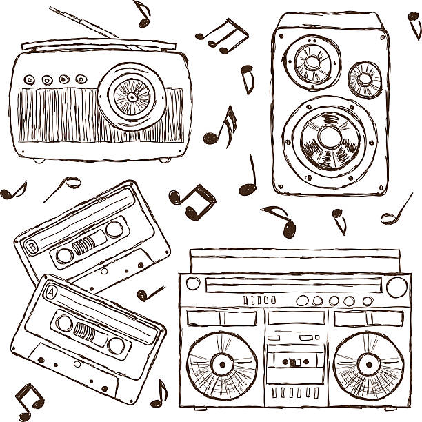 Collection of retro music hand-drawn illustration "Collection of retro music elements, sketch style" radio drawings stock illustrations