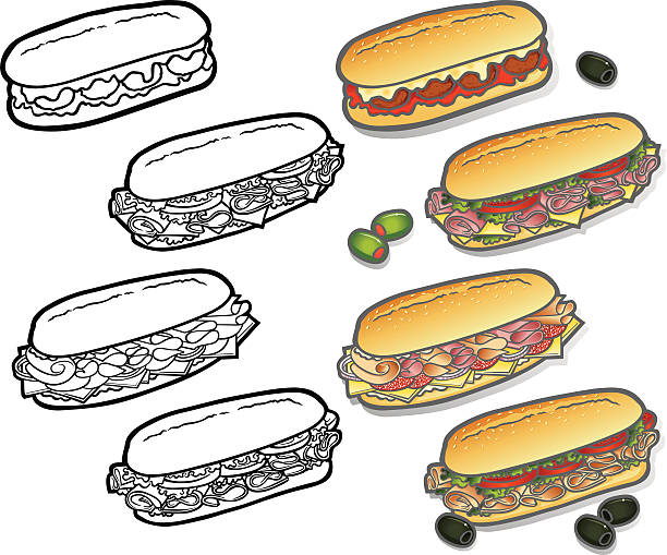 illustrations, cliparts, dessins animés et icônes de épicerie à sous icônes - sandwich submarine sandwich ham bun