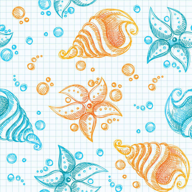 hand drawn pattern of starfishes and shells vector art illustration