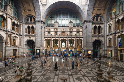 Antwerp, Belgium, August 22, 2023; Hall of the Central Railway Station in Antwerp; Belgium.