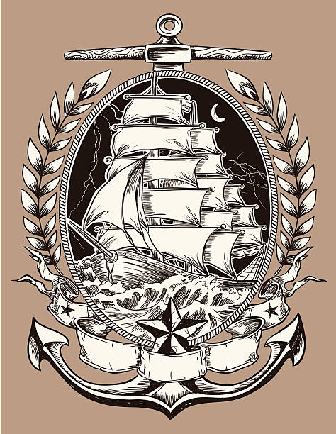 ilustraciones, imágenes clip art, dibujos animados e iconos de stock de tatuaje estilo barco pirata con cresta - storm pirate sea nautical vessel