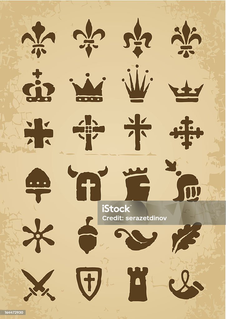 Heraldic symbols Heraldic symbols in the Romanesque style in the old paper Knight - Person stock vector