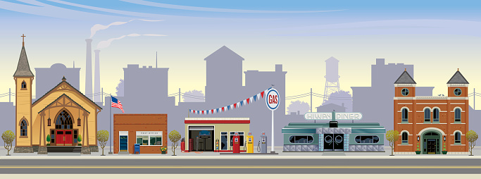 This is a vector illustration of a rural american town. Depicted from left to right are: a craftsman style church, a post office, gas station, art-deco style highway diner, and a town hall. The setting is mid-morning, with highway,  town buildings, smoke stacks and water tower in the distance.
