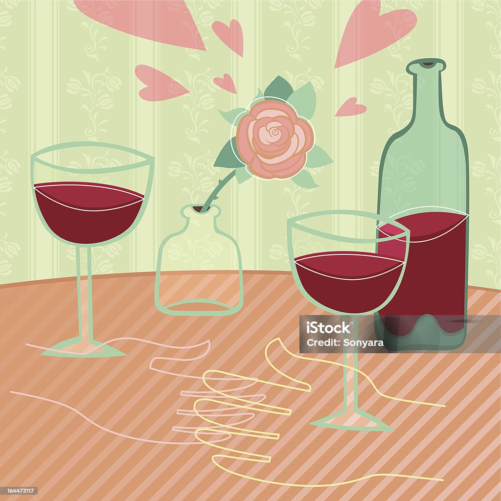 Romantic date "Romantic scene at the cafe table. Two glasses of wine, rose and touching hands. Vector illustration." Wine stock vector