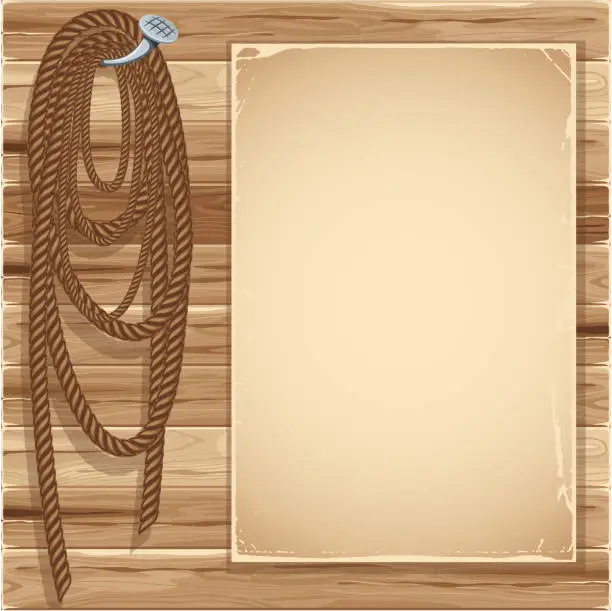 Vector illustration of A cartoon image of a rope and piece of paper on wood